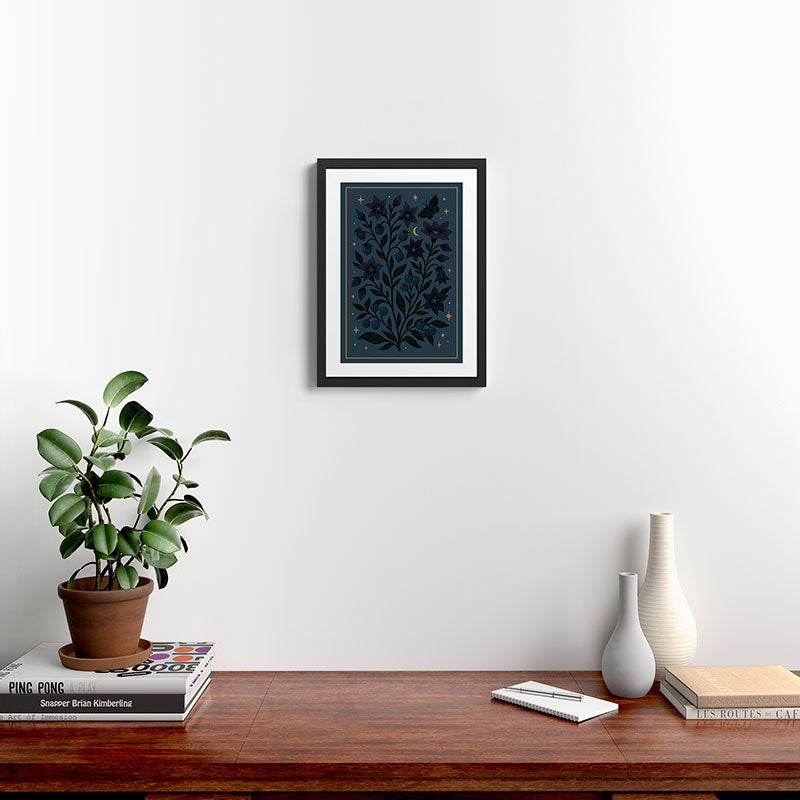Midnight Belladonna - Mystical Folk Floral with Stars and Moon Framed Art Print Gallery Image 2