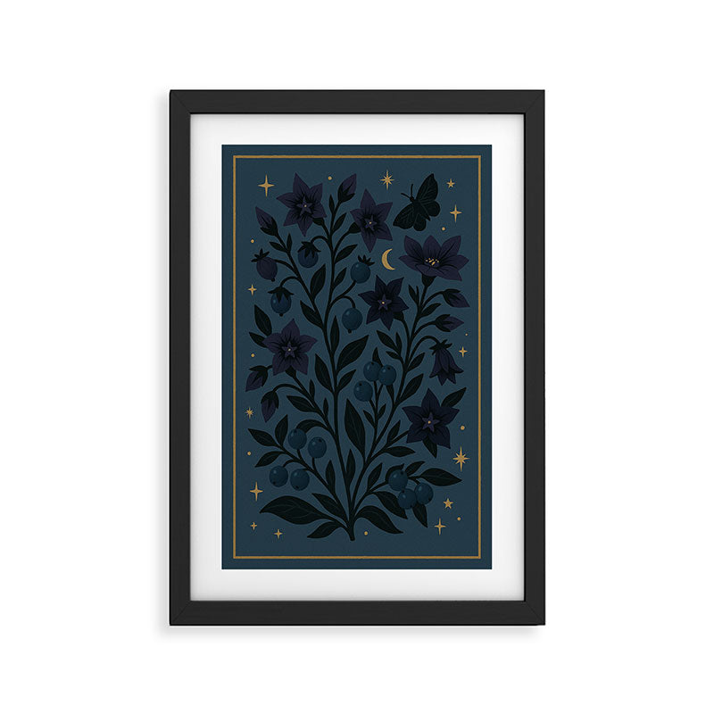 Midnight Belladonna - Mystical Folk Floral with Stars and Moon Framed Art Print Gallery Image 2