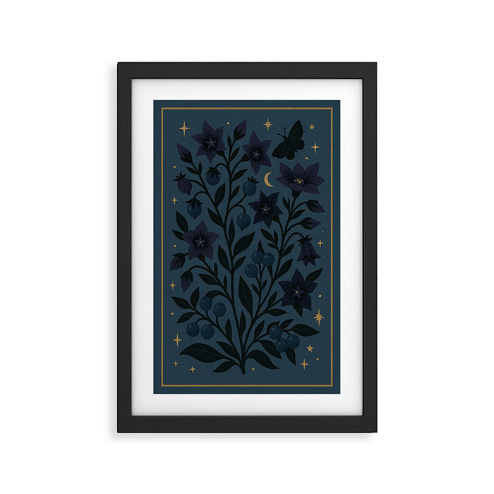 Midnight Belladonna - Mystical Folk Floral with Stars and Moon Framed Art Print Gallery Image 1
