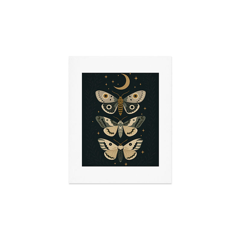 Moonlit Moths - Trio of Celestial Moths with Stars and Crescent Moon on Deep Black Art Print Gallery Image 1