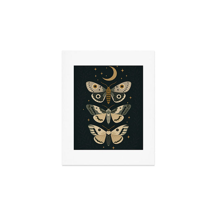 Moonlit Moths - Trio of Celestial Moths with Stars and Crescent Moon on Deep Black Art Print Gallery Image 1