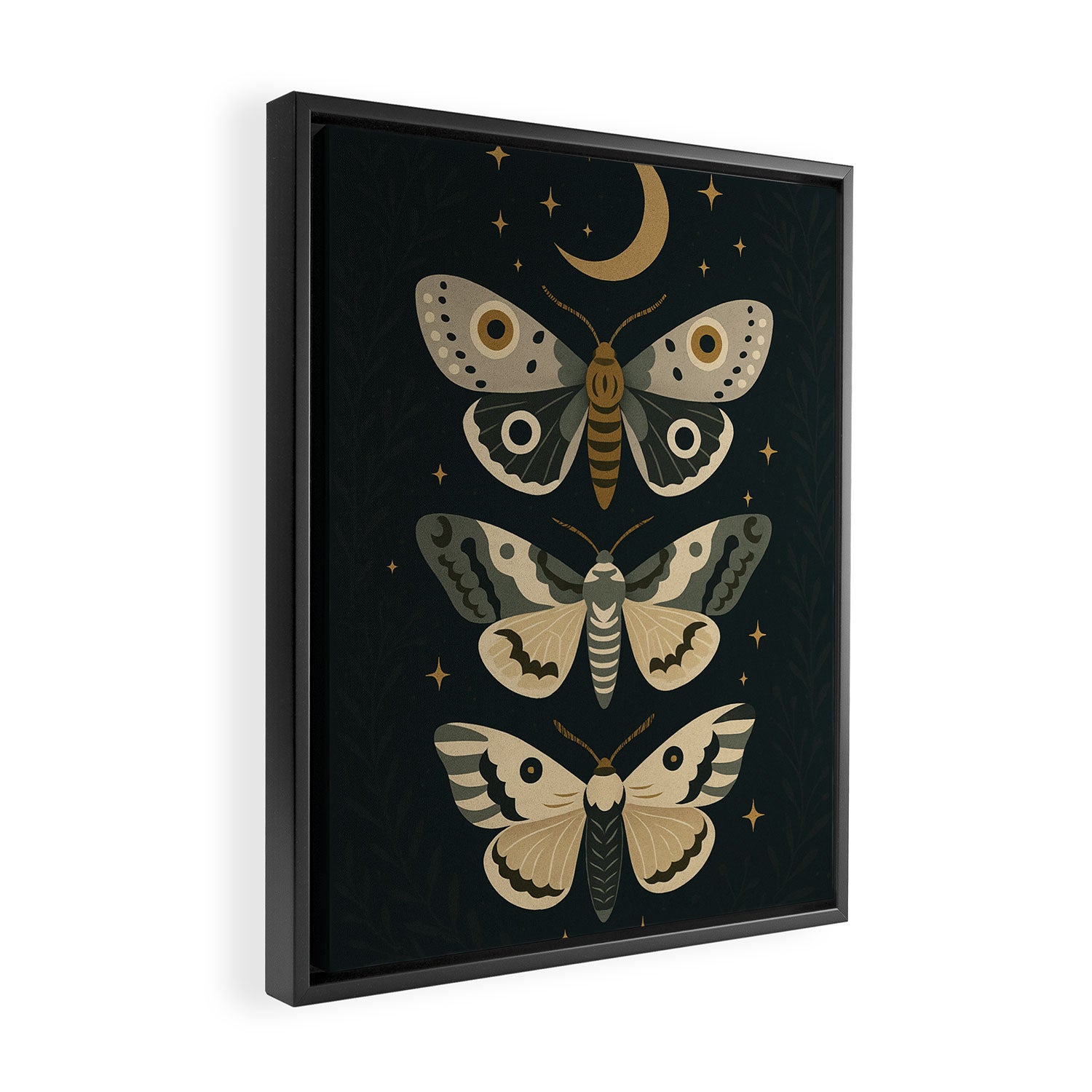 Moonlit Moths - Trio of Celestial Moths with Stars and Crescent Moon on Deep Black Framed Canvas Print Gallery Image 2