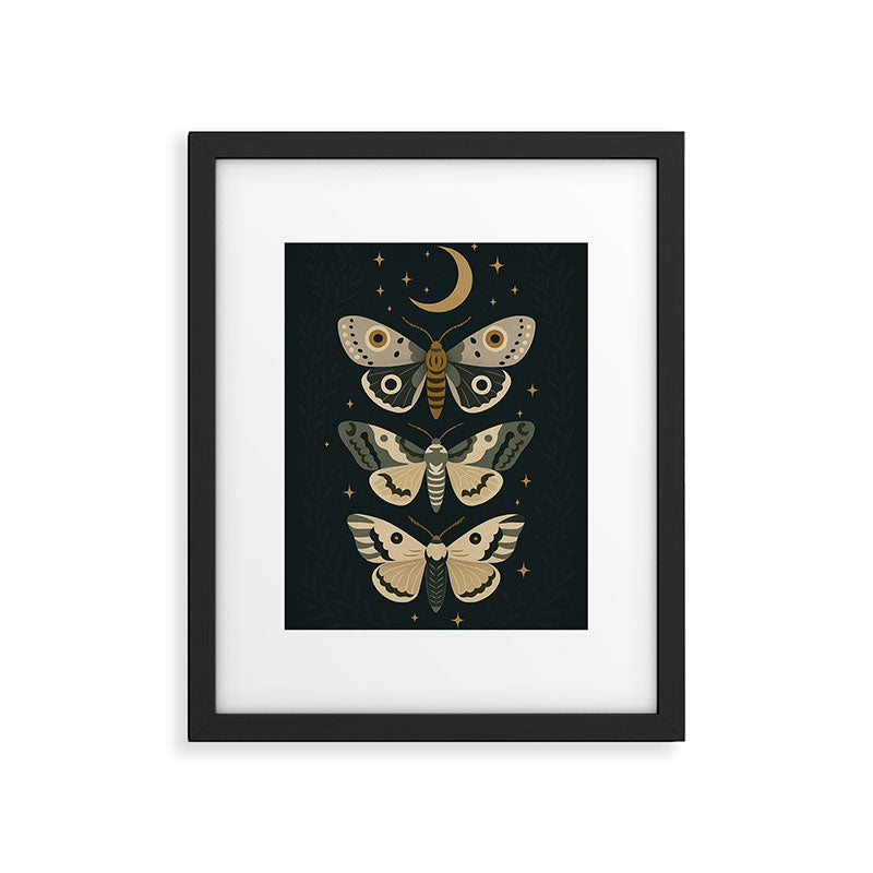 Moonlit Moths - Trio of Celestial Moths with Stars and Crescent Moon on Deep Black Framed Art Print Gallery Image 5