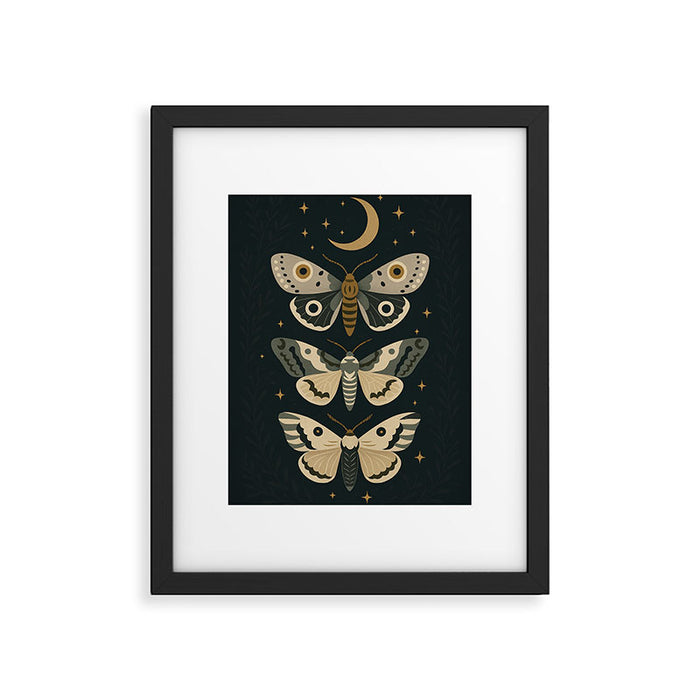 Moonlit Moths - Trio of Celestial Moths with Stars and Crescent Moon on Deep Black Framed Art Print Gallery Image 1