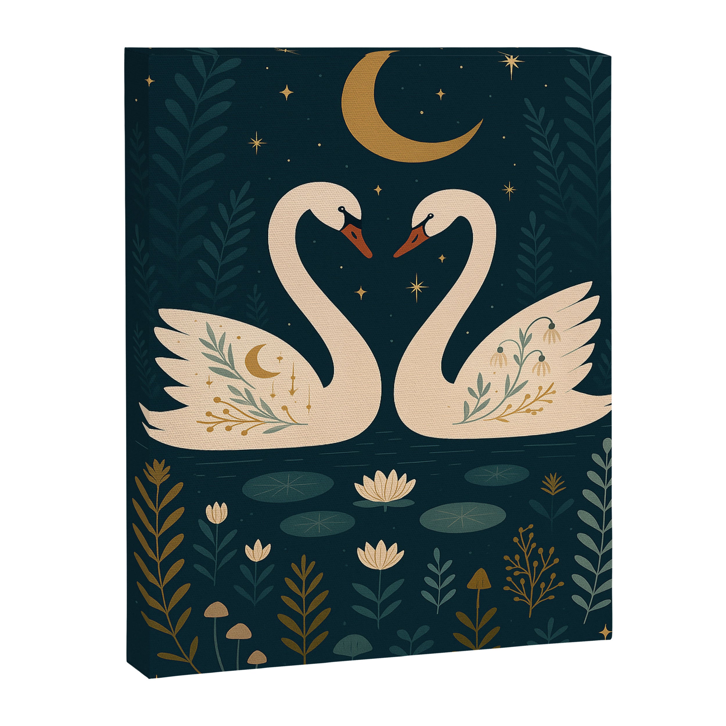 Moonlit Swans - Folk Art Lovebirds Beneath the Stars Canvas Print Gallery Image 3
