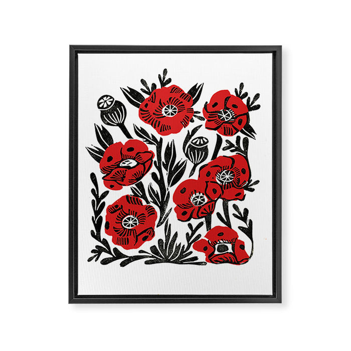 Poppies - linocut art,, linocut, woodcut, woodblock, floral art, poppies, poppy art, andrea lauren Framed Canvas Print Gallery Image 1