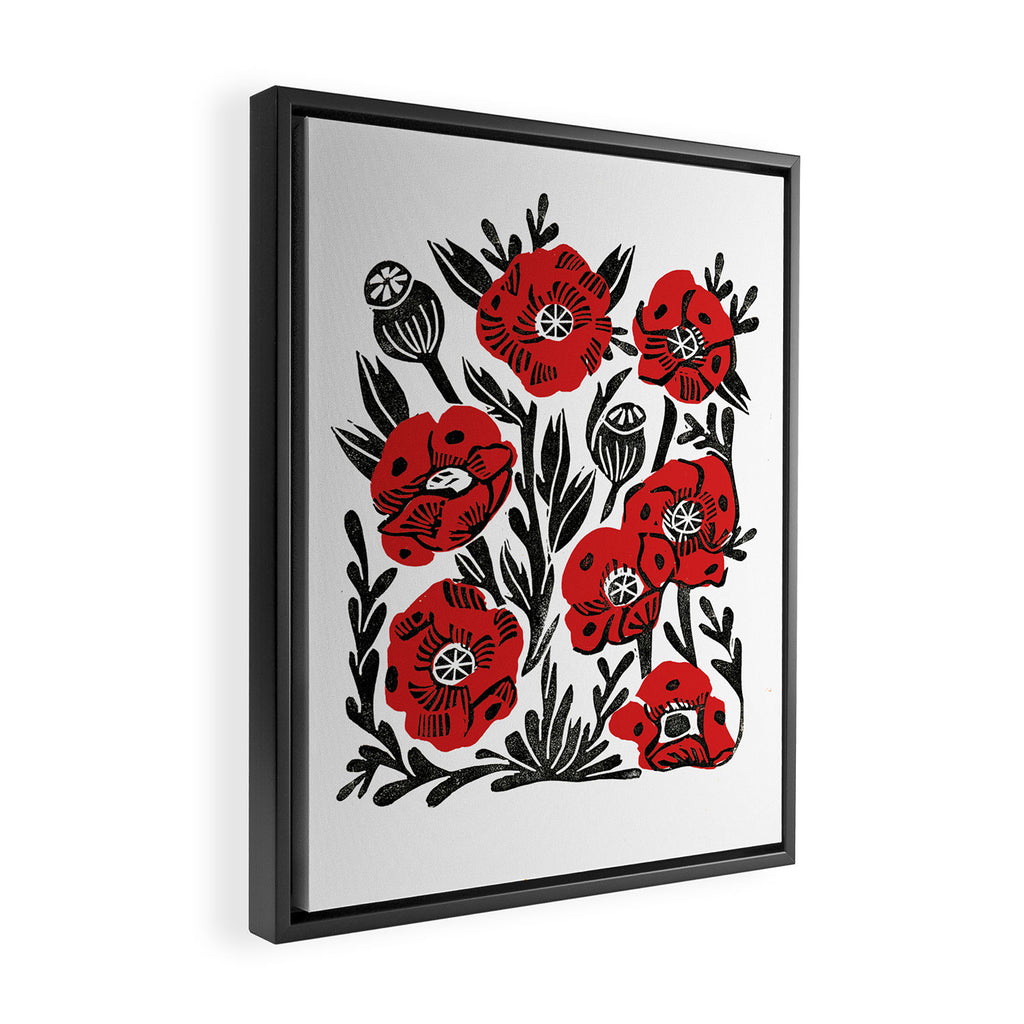 Poppies - linocut art,, linocut, woodcut, woodblock, floral art, poppies, poppy art, andrea lauren Framed Canvas Print Gallery Image 2