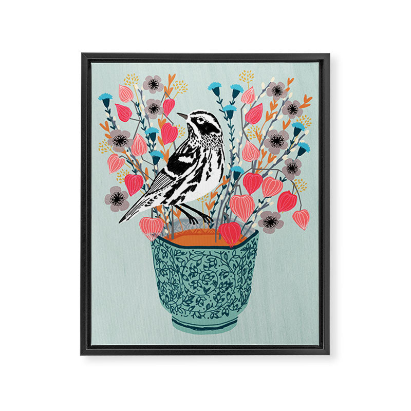 Tea and Flowers - Black and White Warbler by Andrea Lauren Framed Canvas Print Gallery Image 6