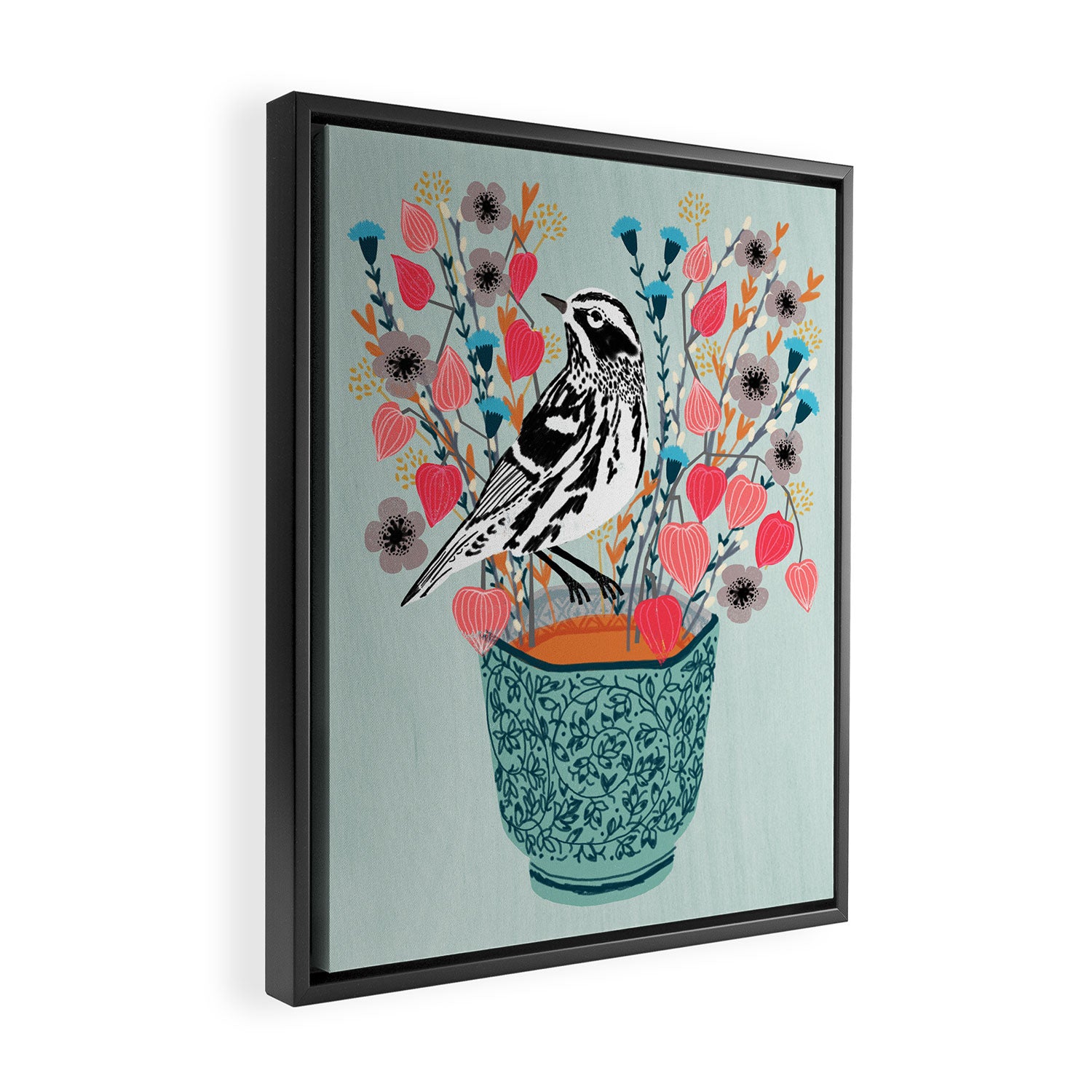 Tea and Flowers - Black and White Warbler by Andrea Lauren Framed Canvas Print Gallery Image 2