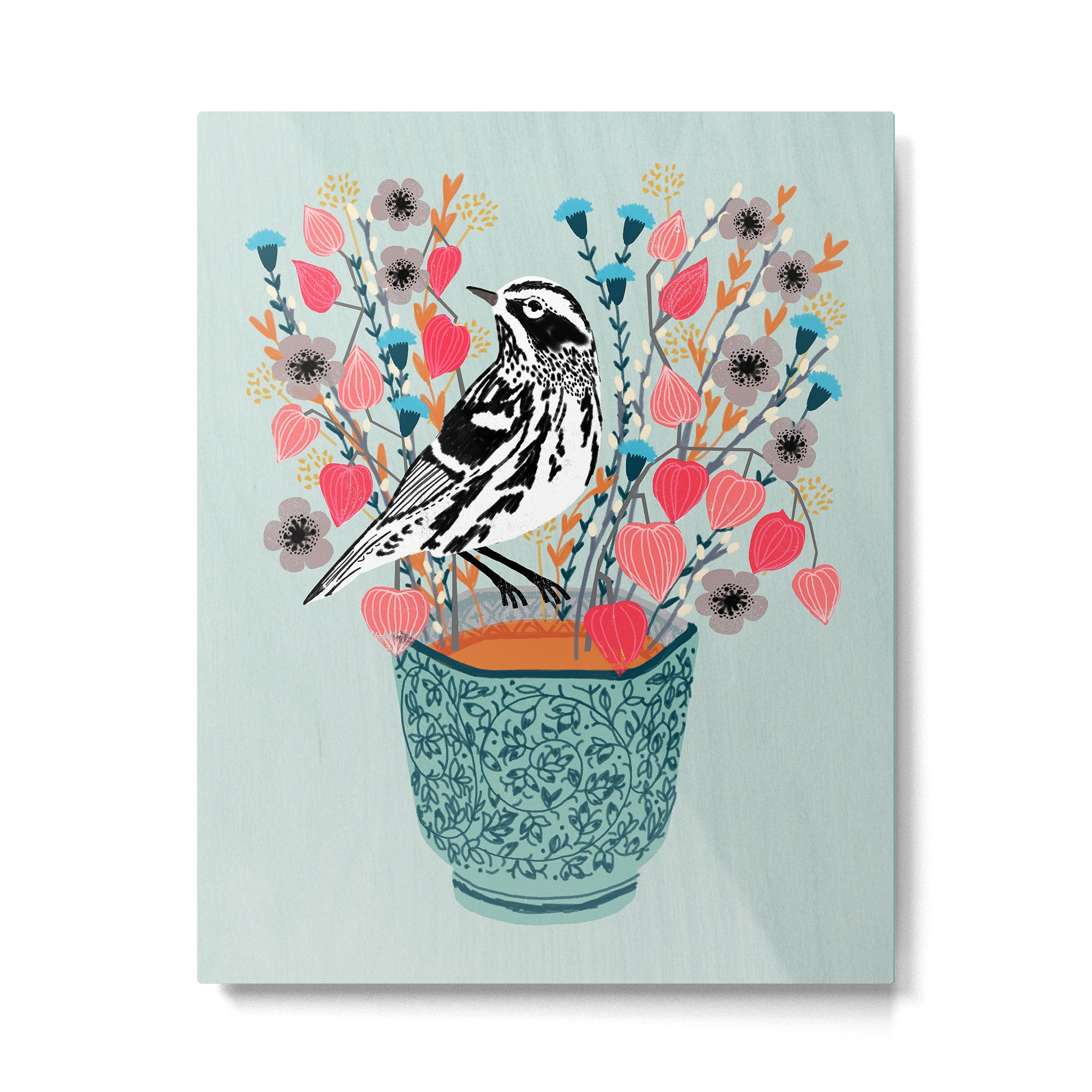 Tea and Flowers - Black and White Warbler by Andrea Lauren Metal Print Gallery Image 4