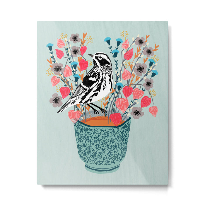 Tea and Flowers - Black and White Warbler by Andrea Lauren Metal Print Gallery Image 1