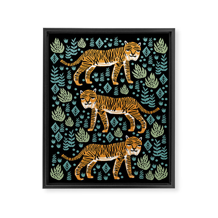 Tiger forest tropical tigers screen print art by andrea lauren Framed Canvas Print Gallery Image 1