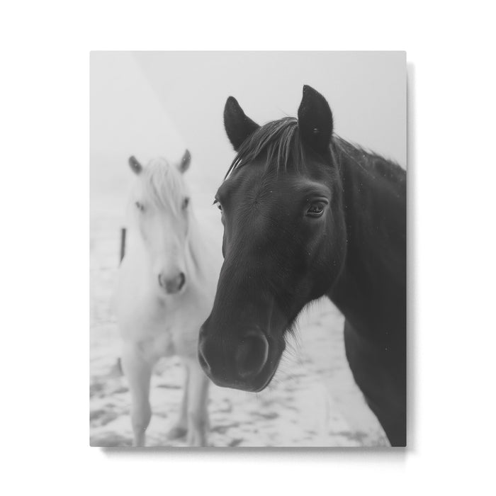 Horses in the Snow - Black and White Winter Photography Print Metal Print Gallery Image 1