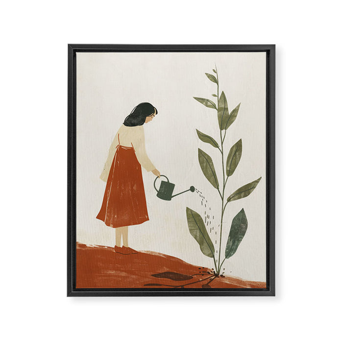 Still Life with Girl and Growing Plant Framed Canvas Print Gallery Image 1