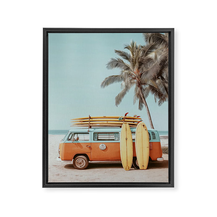 Surf Van II - Vintage Coastal Adventure Print Framed Canvas Print Gallery Image 1