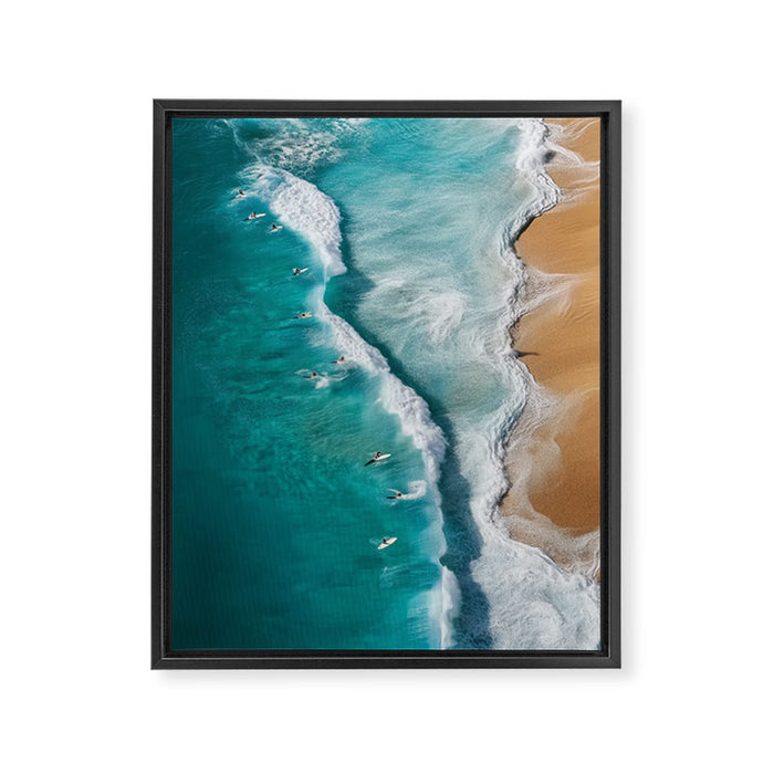 Surfers at Shore - Aerial Beach Photography Framed Canvas Print Gallery Image 1