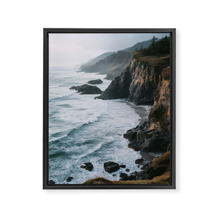 Waves Below Pines - Pacific Northwest Coast Wall Art Framed Canvas Print Gallery Image 1