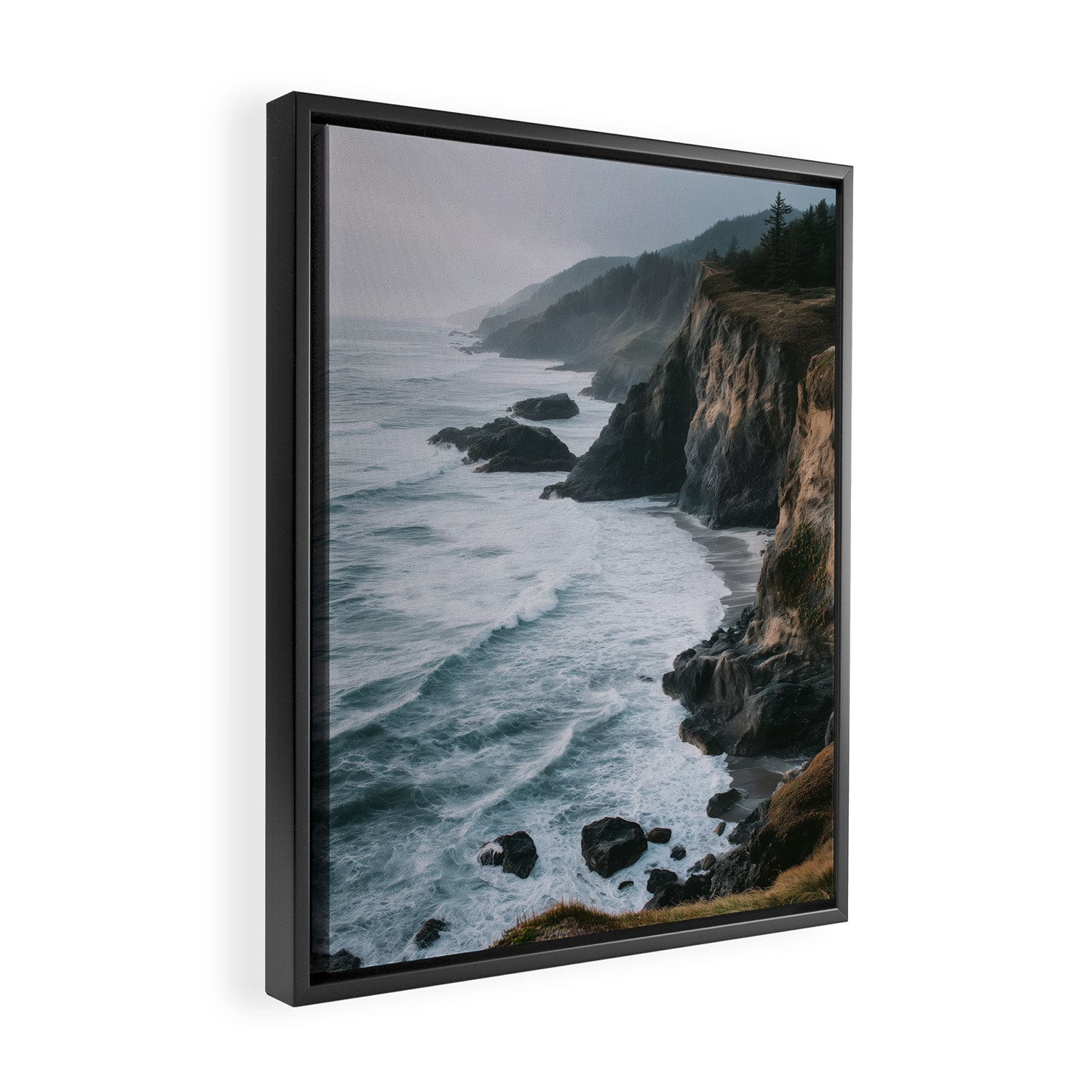 Waves Below Pines - Pacific Northwest Coast Wall Art Framed Canvas Print Gallery Image 2