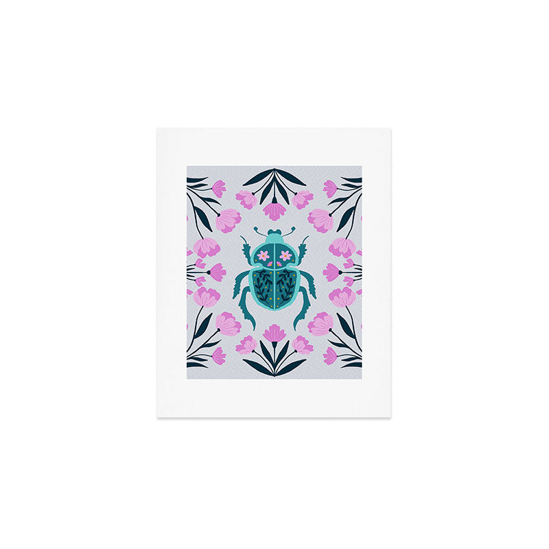 Beetle and flowers - pink and turquoise Art Print Gallery Image 1