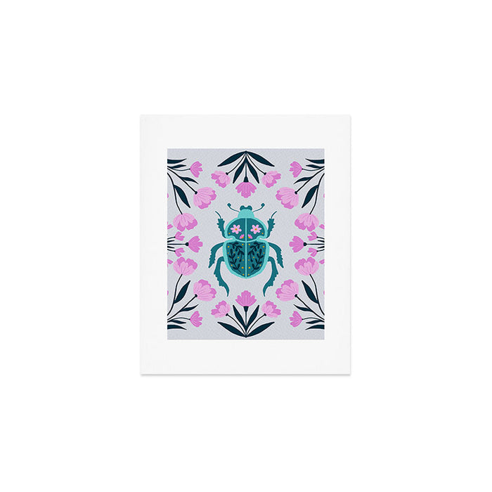 Beetle and flowers - pink and turquoise Art Print Gallery Image 1