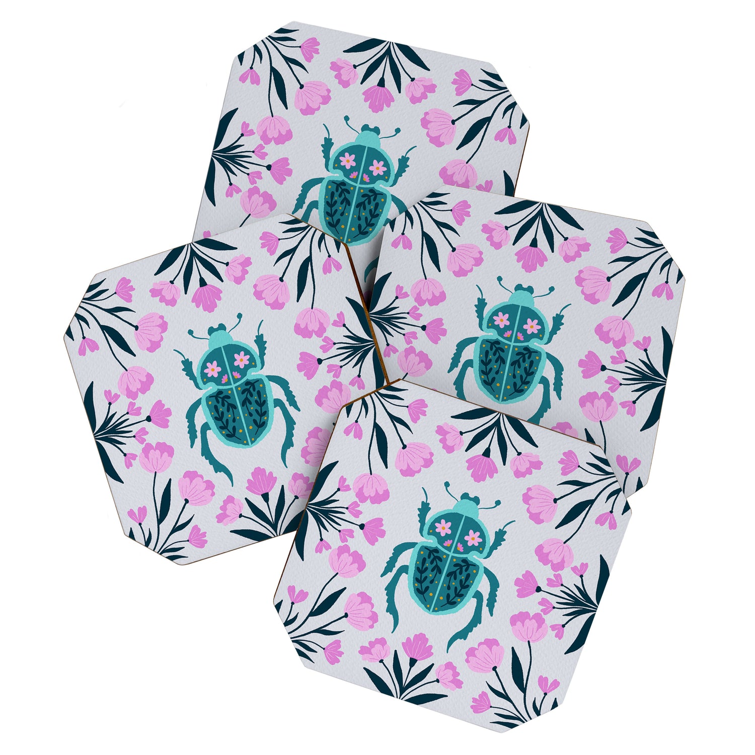 Beetle and flowers - pink and turquoise Coaster Gallery Image 1