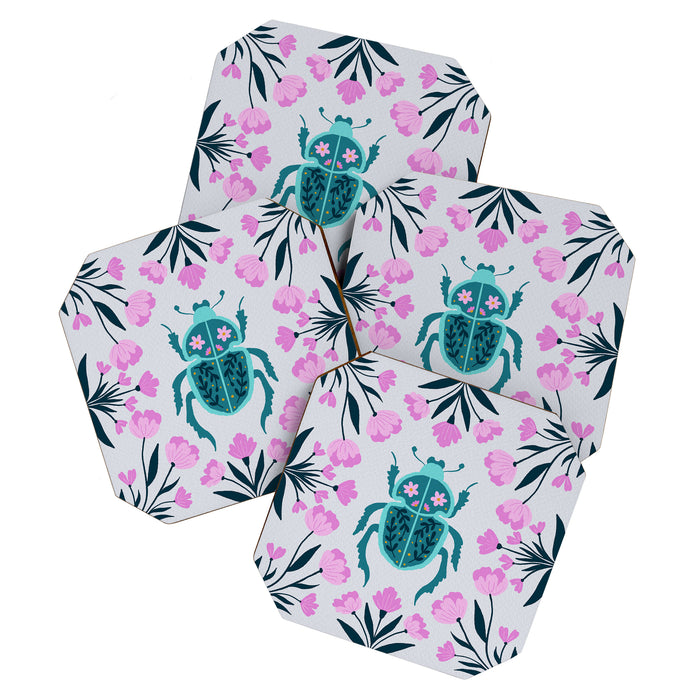 Beetle and flowers - pink and turquoise Coaster Gallery Image 1
