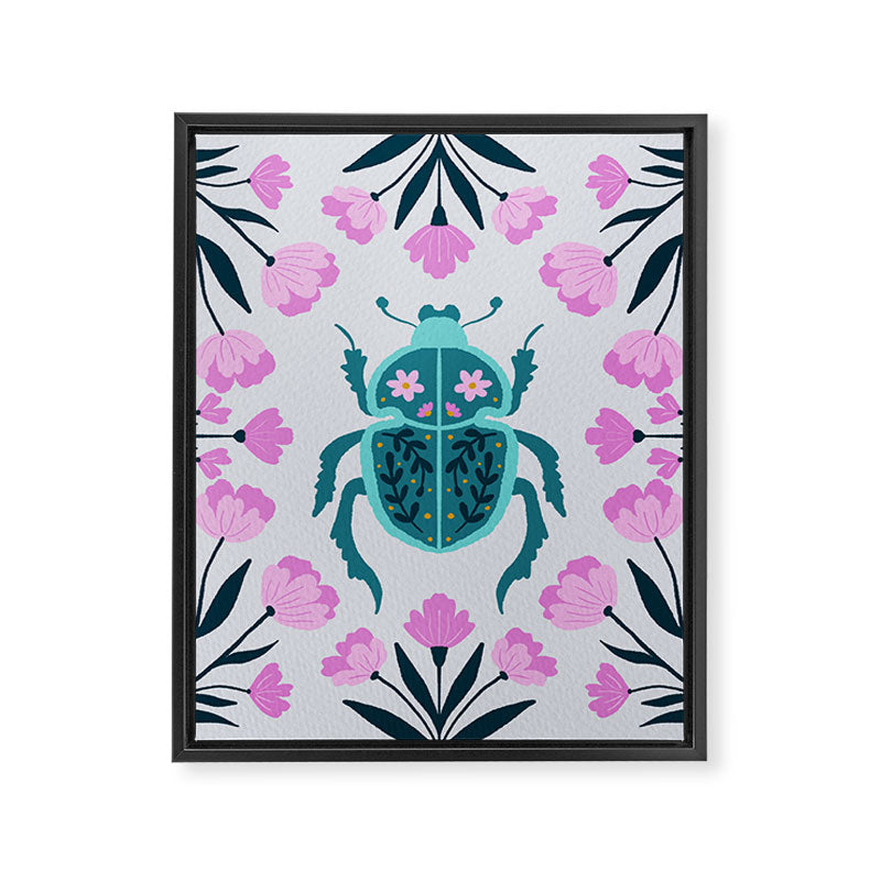 Beetle and flowers - pink and turquoise Framed Canvas Print Gallery Image 8