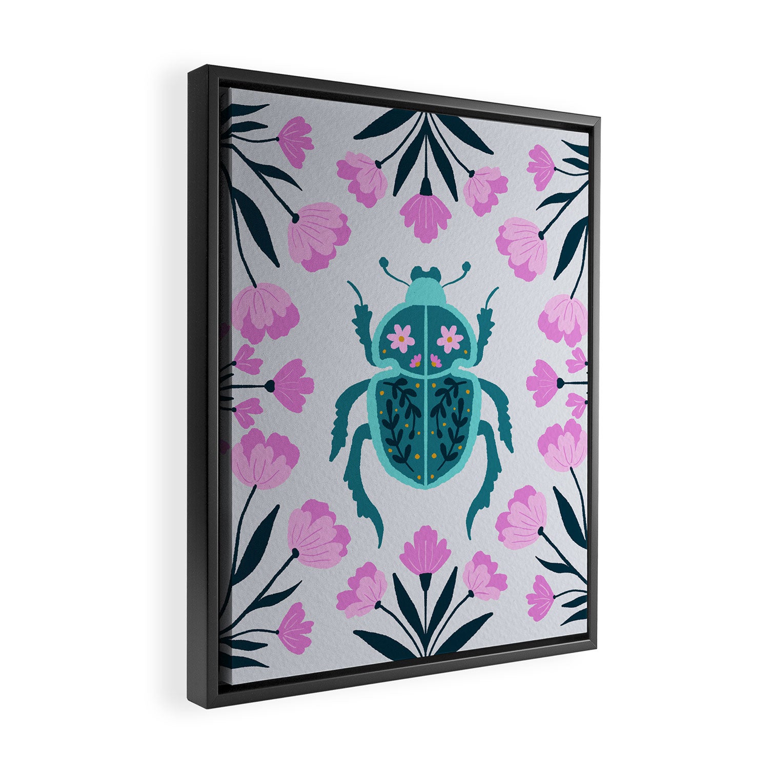 Beetle and flowers - pink and turquoise Framed Canvas Print Gallery Image 2