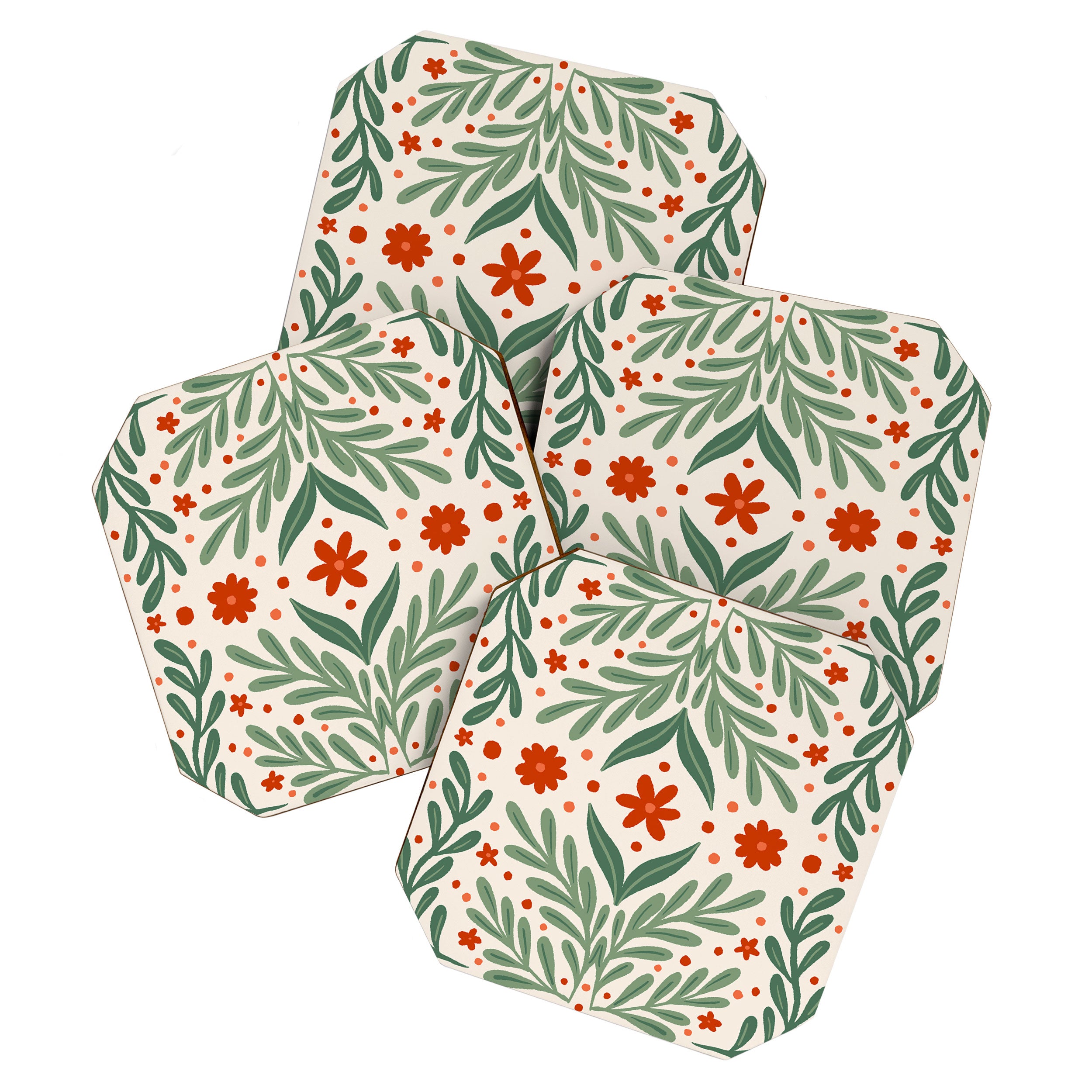 Branches and flowers -  red and green Coaster Gallery Image 1