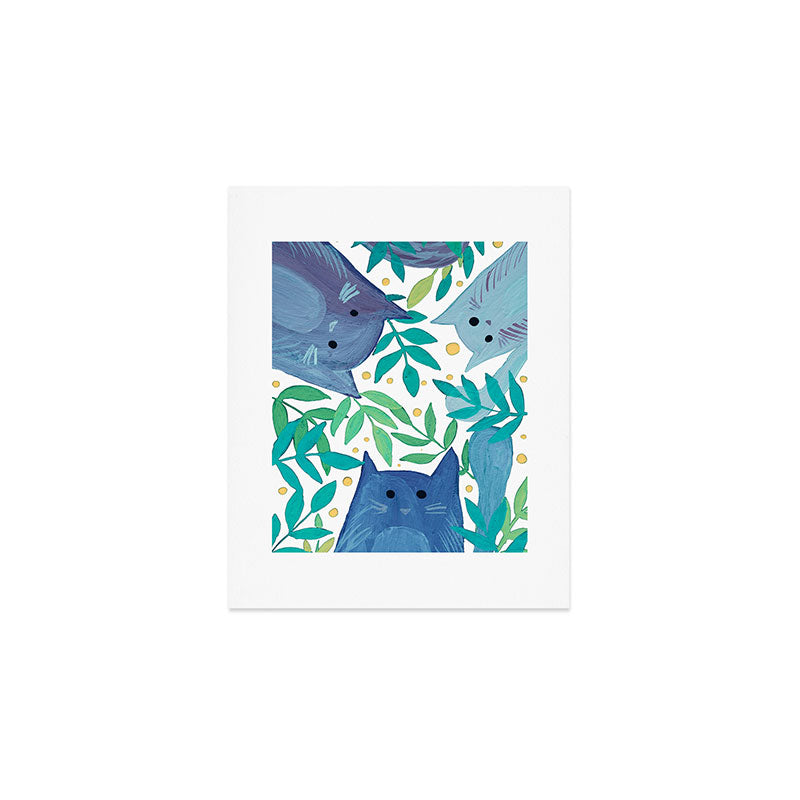Cats and branches - blue and green Art Print Gallery Image 1