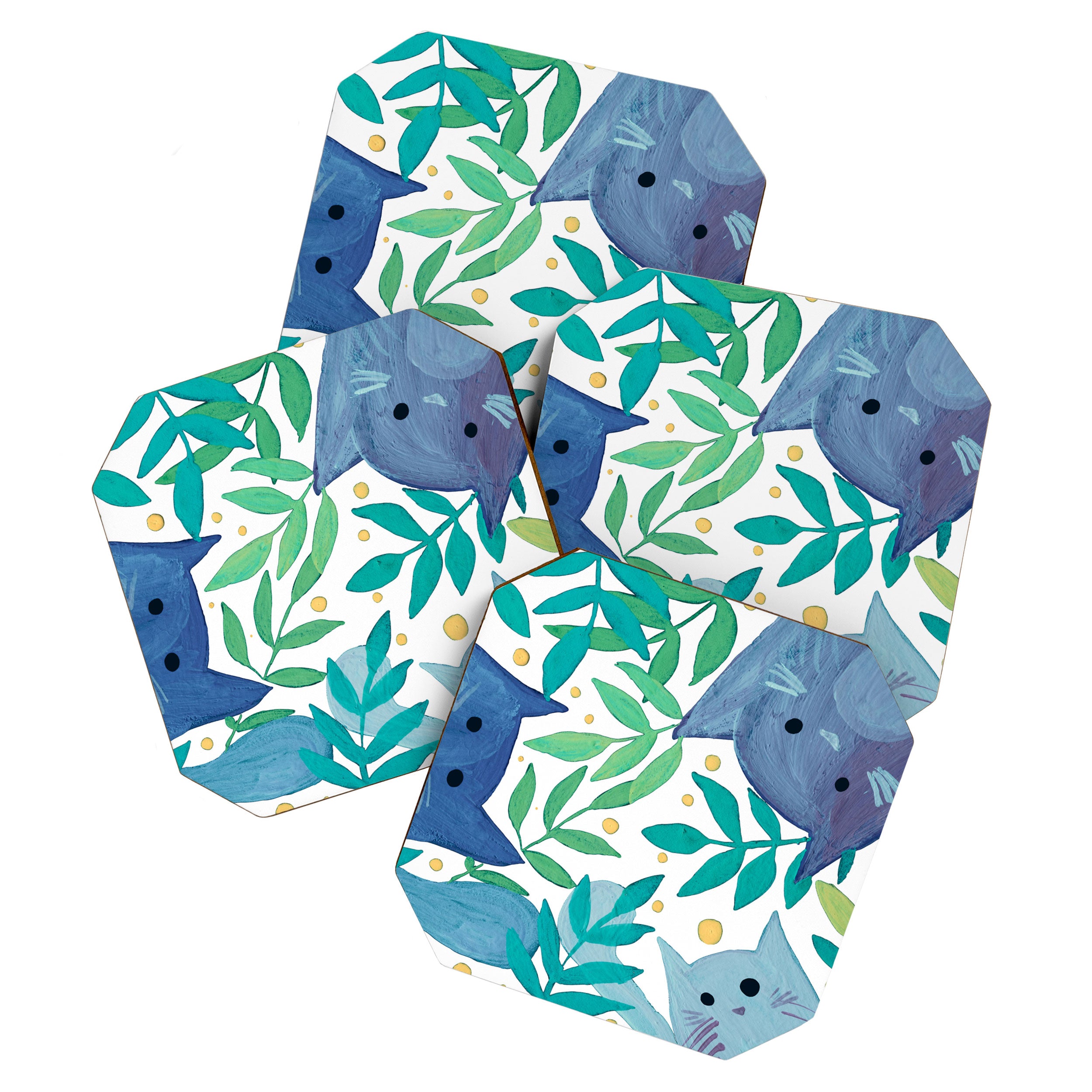 Cats and branches - blue and green Coaster Gallery Image 1