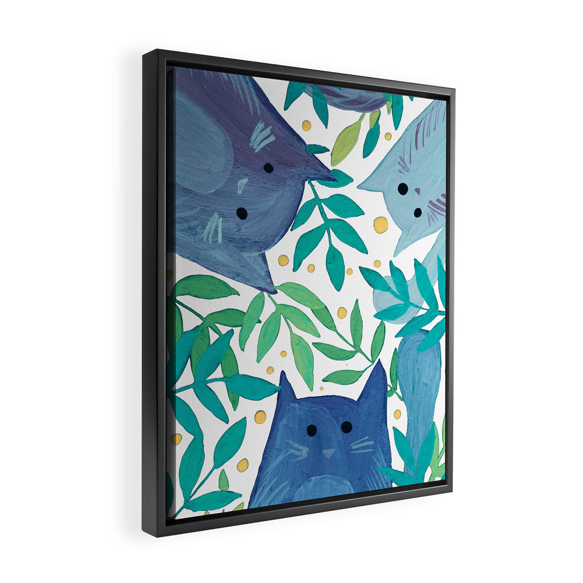 Cats and branches - blue and green Framed Canvas Print Gallery Image 2