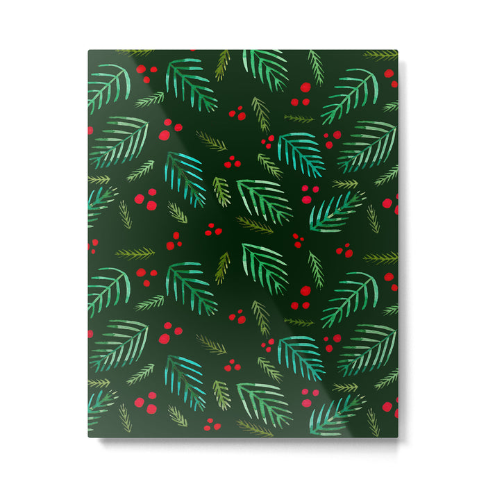 Christmas tree branches and berries - green Metal Print Gallery Image 1