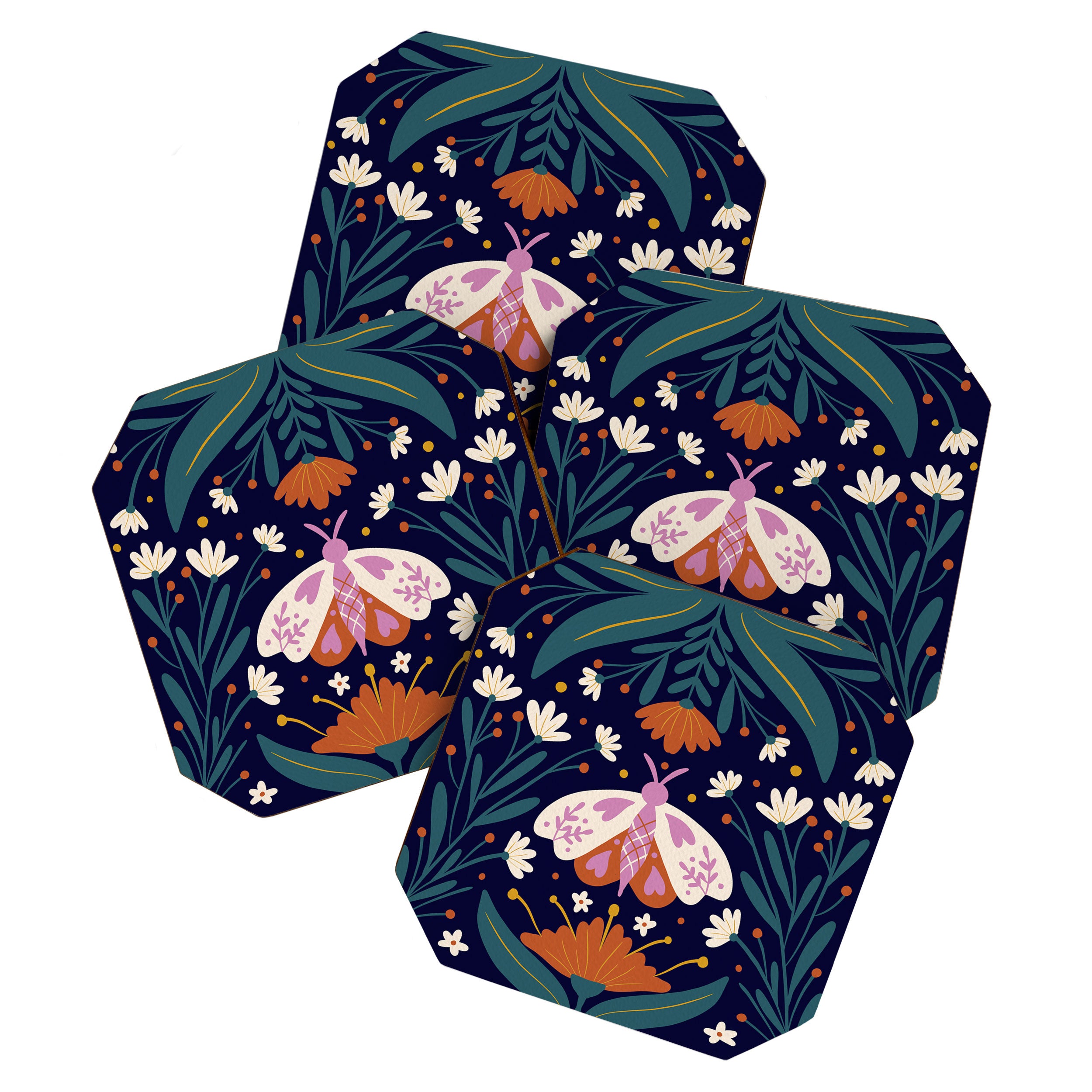 Folk Moth - orange and cream Coaster Gallery Image 1