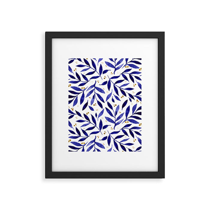 Pretty watercolor branches - blue and yellow Framed Art Print Gallery Image 1