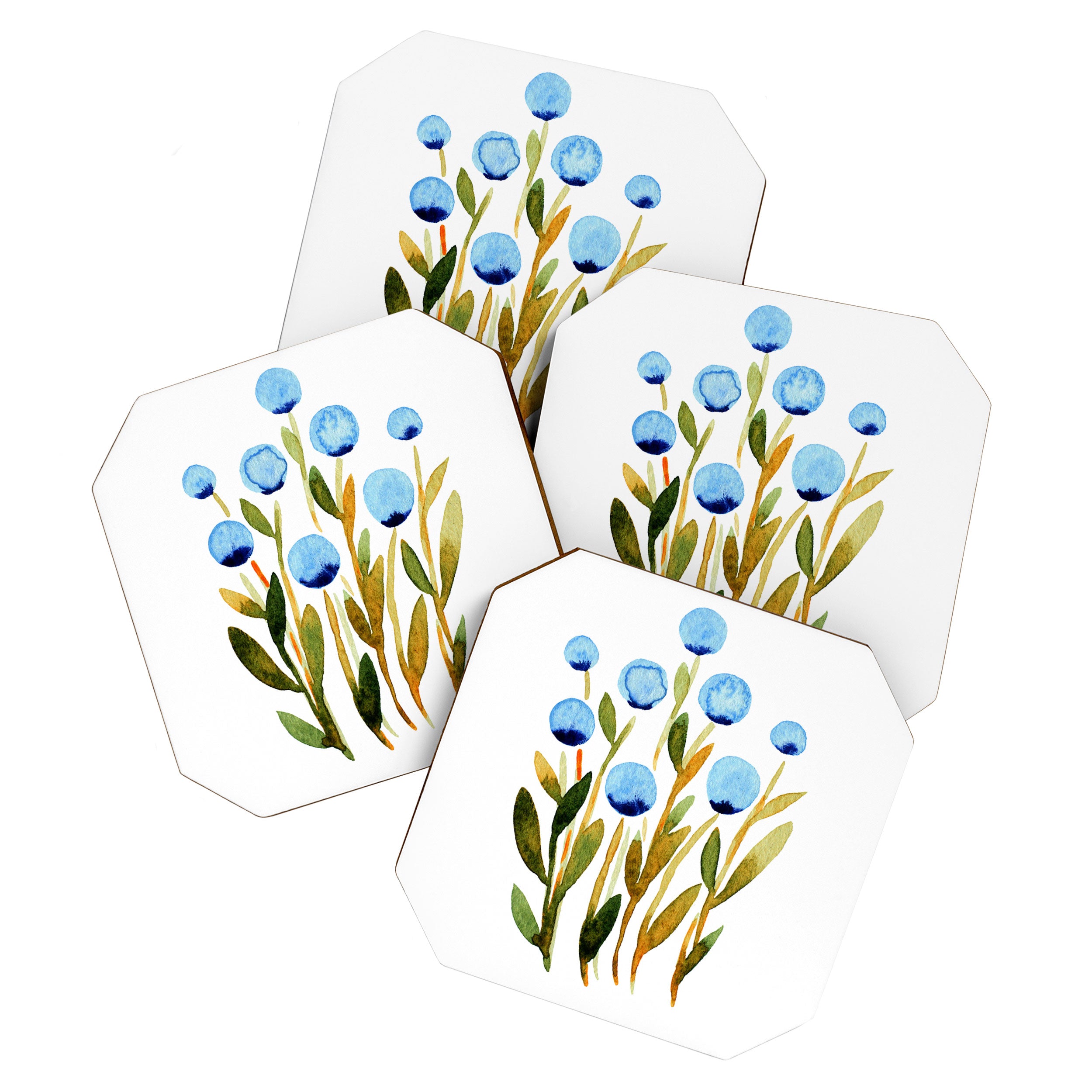 Simple watercolor flowers - blue and sap green Coaster Gallery Image 1