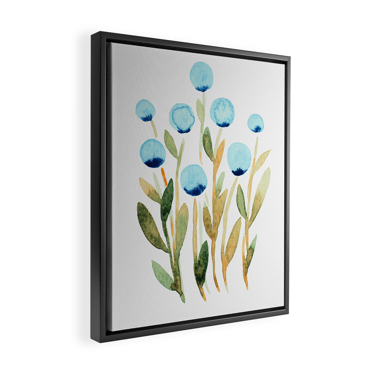 Simple watercolor flowers - blue and sap green Framed Canvas Print Gallery Image 2