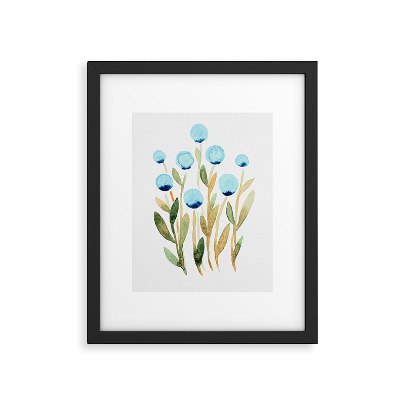 Simple watercolor flowers - blue and sap green Framed Art Print Gallery Image 6
