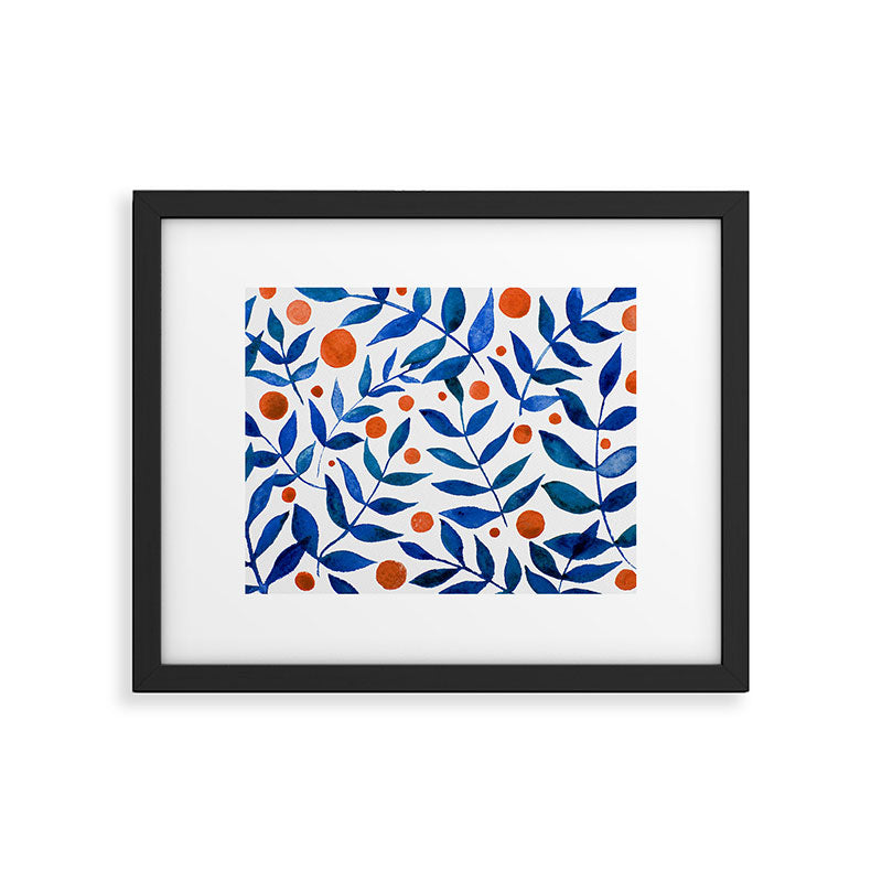 Watercolor berries and branches - blue and orange Framed Art Print Gallery Image 6