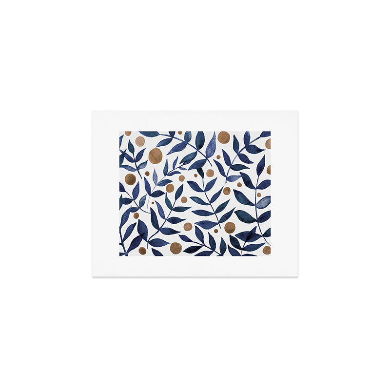 Watercolor berries and branches - indigo and beige Art Print Gallery Image 1