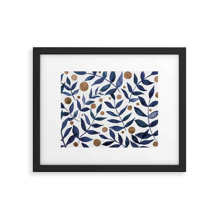 Watercolor berries and branches - indigo and beige Framed Art Print Gallery Image 1
