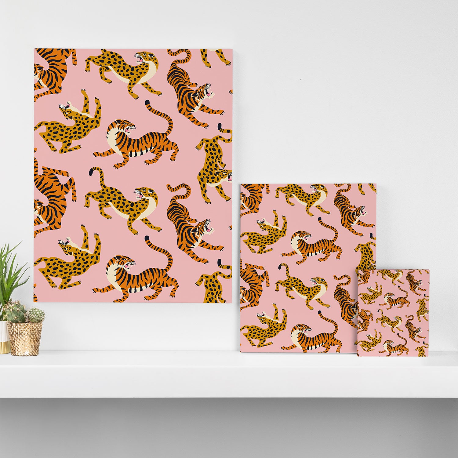 Bengal tigers and leopards on pink background Canvas Print Gallery Image 3