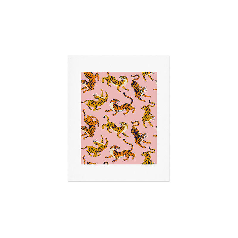 Bengal tigers and leopards on pink background Art Print Gallery Image 1