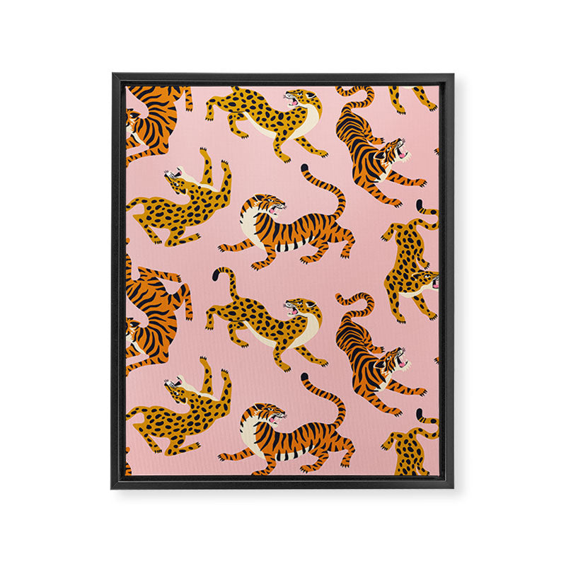 Bengal tigers and leopards on pink background Framed Canvas Print Gallery Image 3