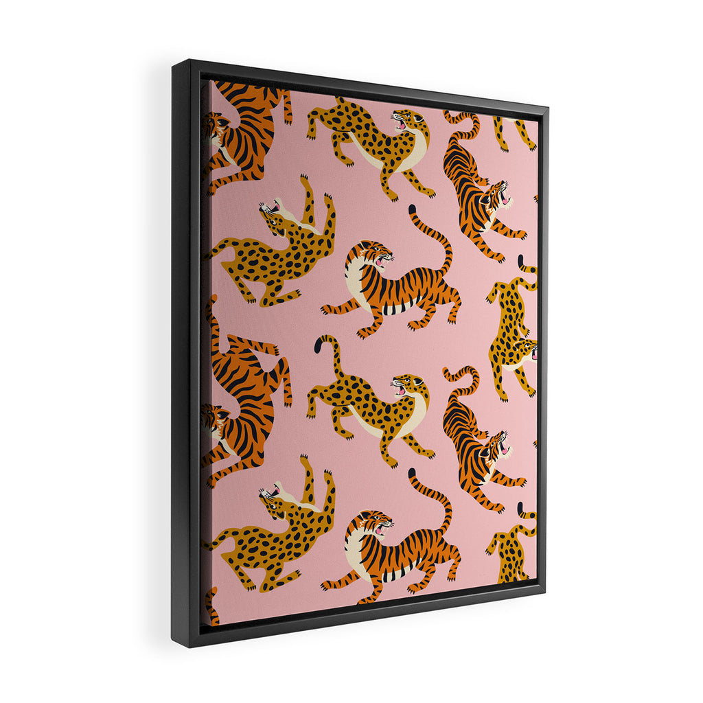 Bengal tigers and leopards on pink background Framed Canvas Print Gallery Image 2