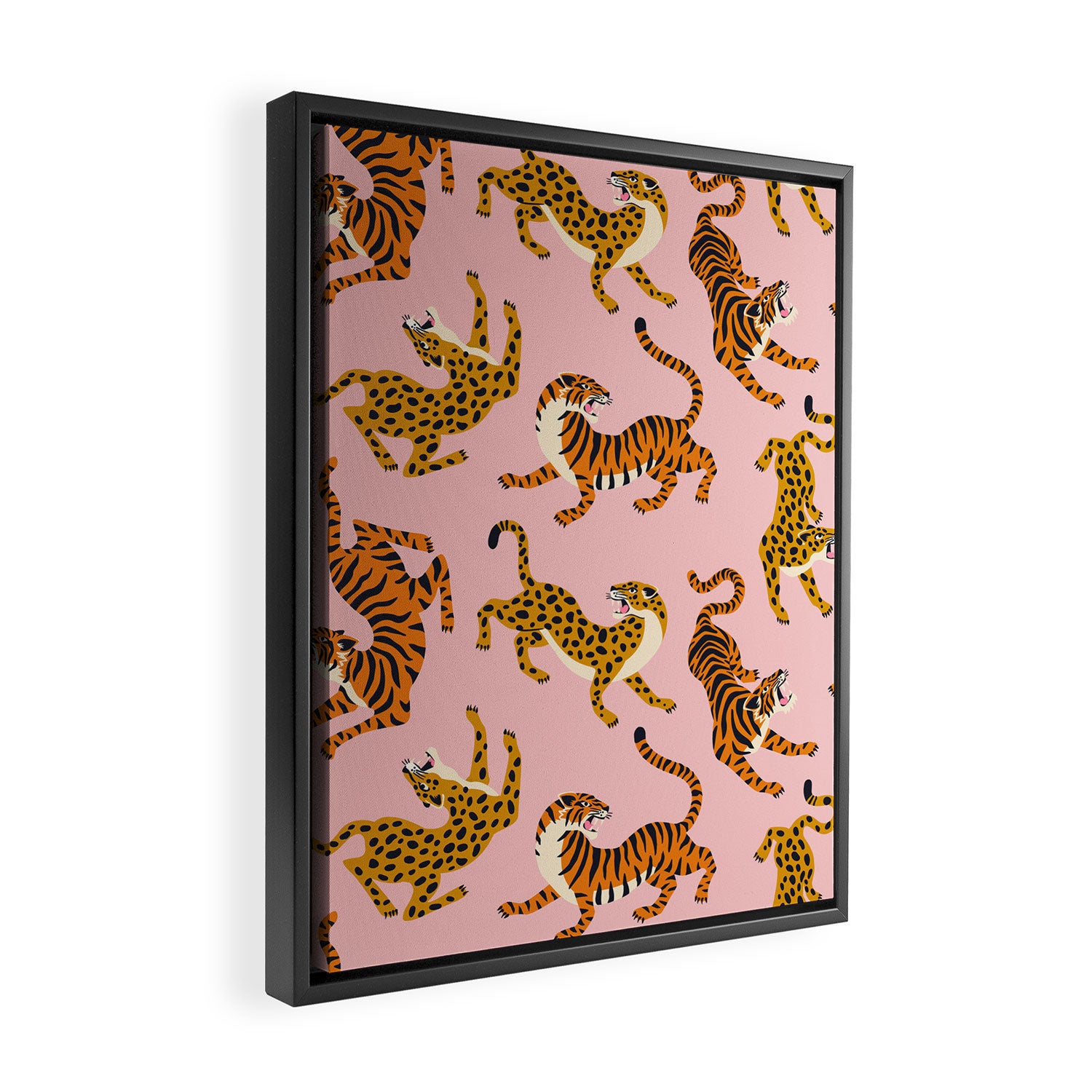 Bengal tigers and leopards on pink background Framed Canvas Print Gallery Image 2