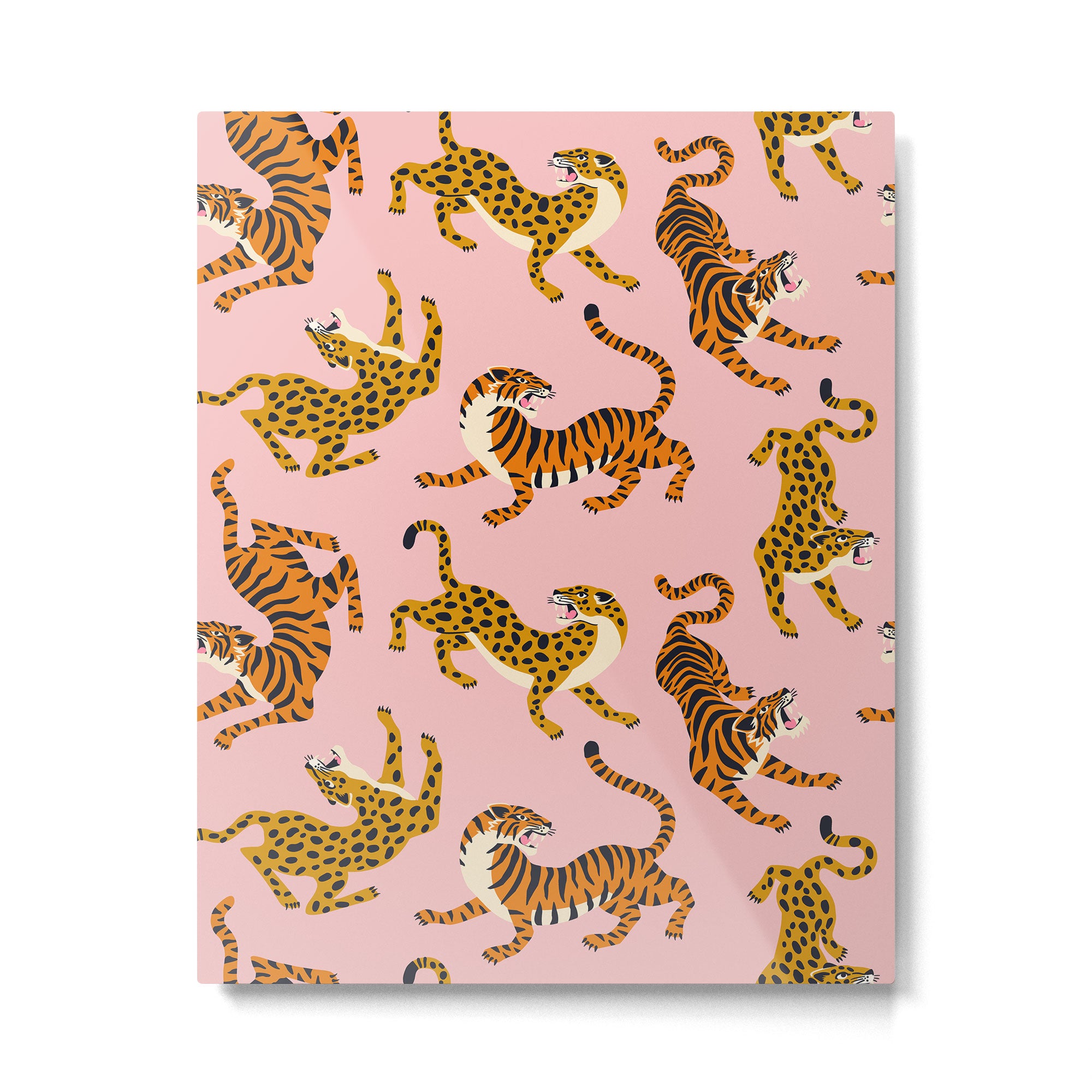 Bengal tigers and leopards on pink background Metal Print Gallery Image 4