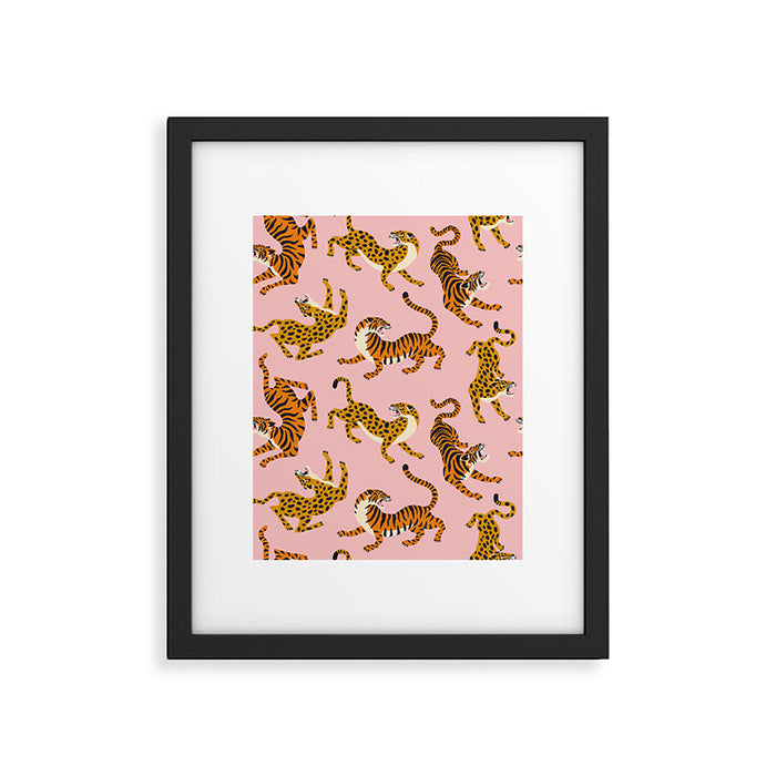 Bengal tigers and leopards on pink background Framed Art Print Gallery Image 1