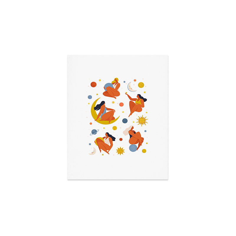 Collection of women holding planet with dream universe. Art Print Gallery Image 1