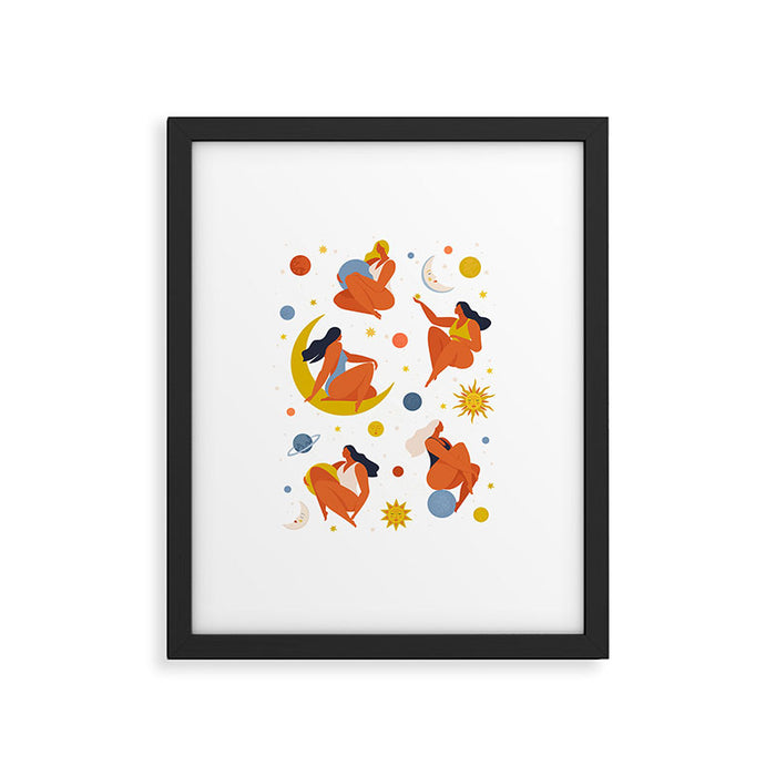 Collection of women holding planet with dream universe. Framed Art Print Gallery Image 1